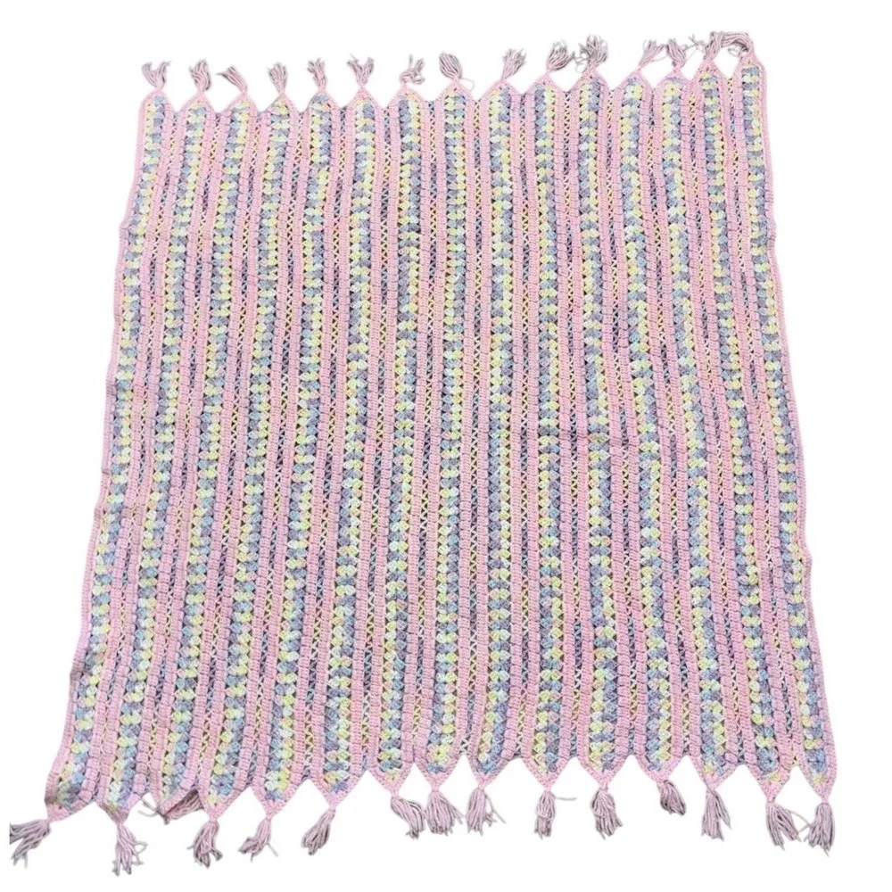 Vintage Afghan Throw Blanket Crochet Handmade Striped Baby Pink Pastels 55x49